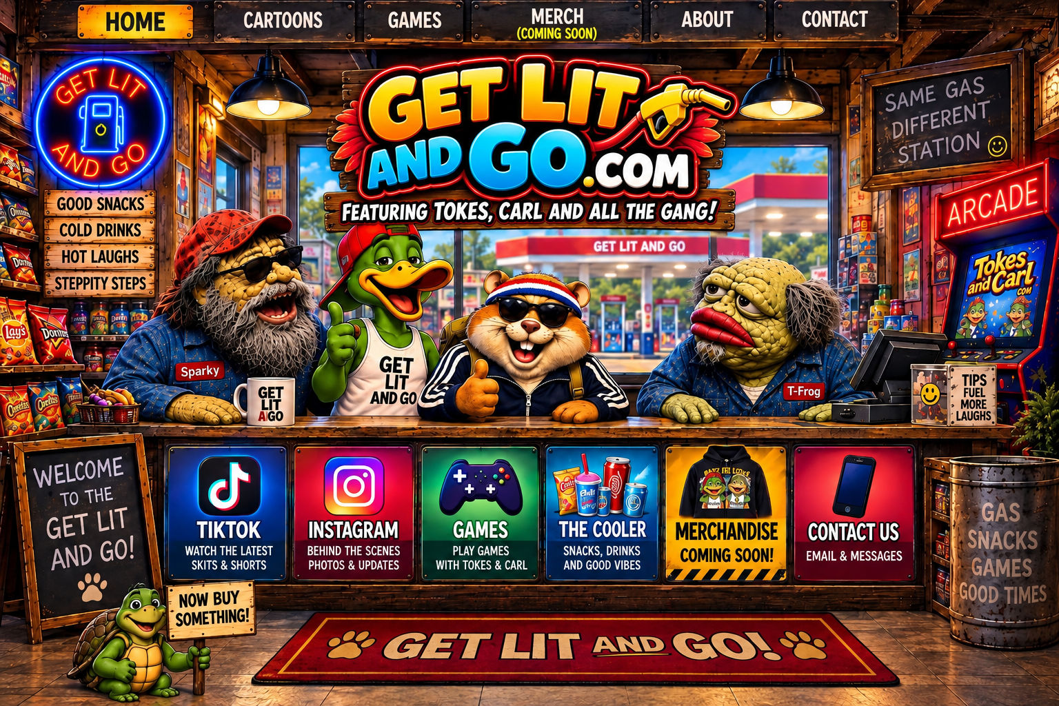 Get Lit and Go featuring Tokes, Carl and all the gang, inside the colorful Get Lit and Go convenience store